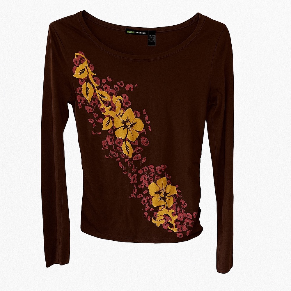 DKNY Brown Long Sleeve Top with Yellow and Pink Floral Design